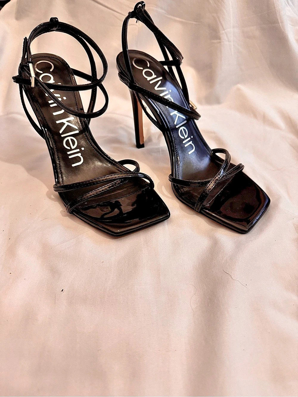 Calvin Klein Black Patent Strappy Square Toe Stiletto Sandals Size 7M